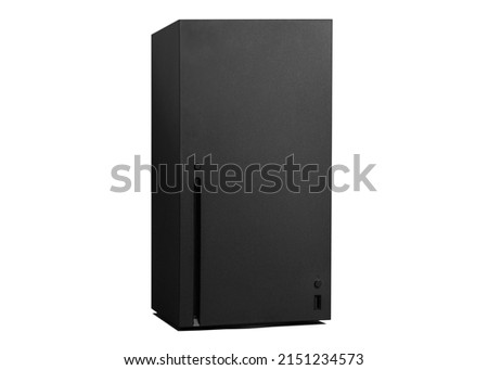 Black video game console on white background with shadows