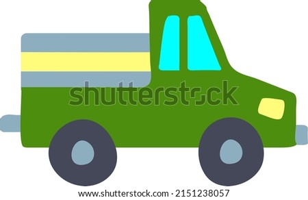 Hand drawn truck. Cartoon car for icons, baby clipart, boy's textile t-shirt designs. Doodle of cute green transport for nursery design. Side view nice lorry with gray wheel.  Pleasant kids vehicle.