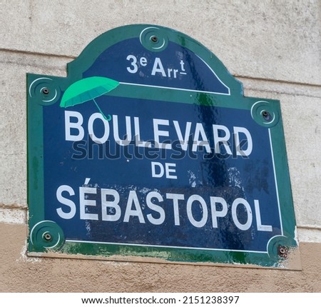 Boulevard de Sebastopol street sign, one of the most famous boulevards in Paris, France.