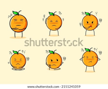 collection of cute orange cartoon character with thinking expressions. suitable for emoticon, logo, symbol and mascot