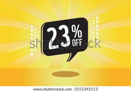 23% off. Yellow banner with twenty three percent discount on a black balloon for mega big sales.