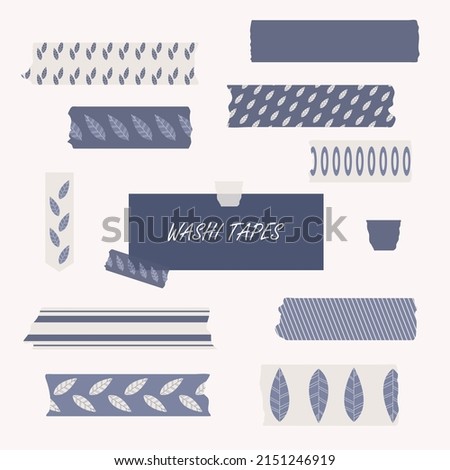 White and blue washi tape collection with leaves pattern. Vector elements set for scrapbooking and decoration with transparent effect.