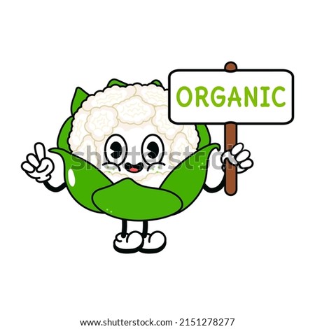 Cute funny cauliflower with an inscription organic character.Vector hand drawn traditional cartoon vintage,retro, kawaii character illustration icon. Isolated white background. Cauliflower emoji,child Royalty-Free Stock Photo #2151278277
