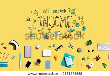 Income with collection of electronic gadgets and office supplies