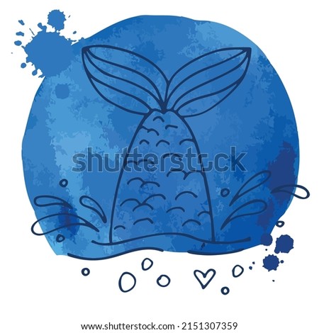 Doodle mermaid's tail, fish tail  on blue watercolor background. Vector illustration. Perfect for print, poster, greeting card, invitation.
