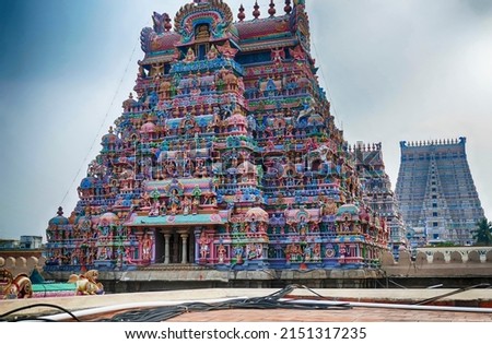 Multi colored gods and goddesses adorn the gopuram of the 17th century Ranganatha Vishnu Temple, Tanjore, Tamil Nadu , India Royalty-Free Stock Photo #2151317235