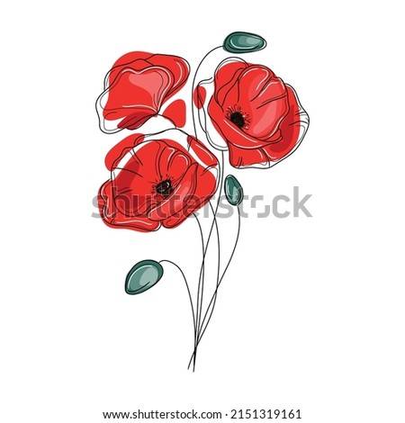 Abstract red poppies flowers vector illustration.Poppies drawing isolated on white background line art color image,botanical design element for print and other use Royalty-Free Stock Photo #2151319161