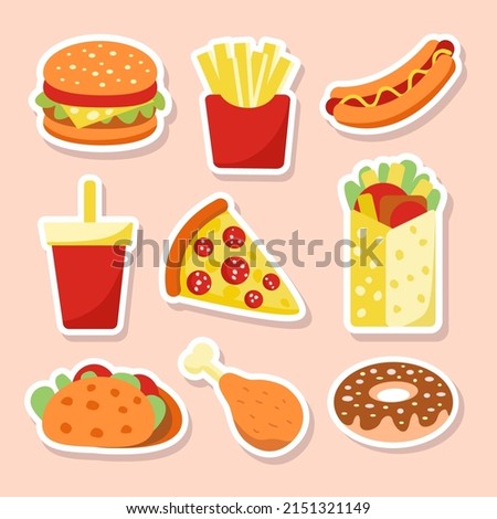 Set of stickers with pizza, hamburgers, donut, hot dog and other light food. Vector graphicson a pink background for design of menus, notepads, packaging.