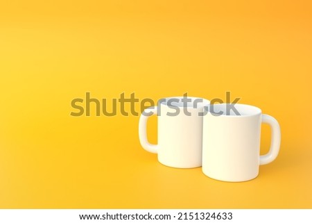 Two white ceramic cup or empty mug for coffee, drink or tea on yellow background. Minimal concept. 3D Rendering 3D Illustration