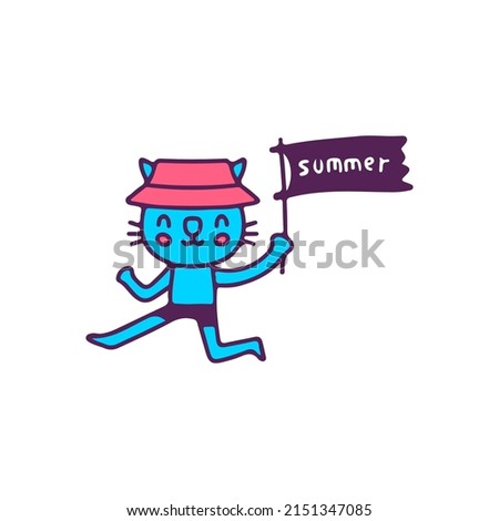 Funny cat wearing bucket hat holding flag, illustration for t-shirt, sticker, or apparel merchandise. With doodle, retro, and cartoon style.