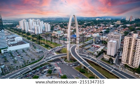 Aerial view of the cable-stayed bridge in São José dos Campos Royalty-Free Stock Photo #2151347315