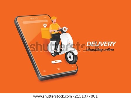 Male food delivery man in yellow uniform sits on scooter or motorcycle with a box and pin location in the back and all place on smart screen,vector 3d character for online shopping and delivery design Royalty-Free Stock Photo #2151377801