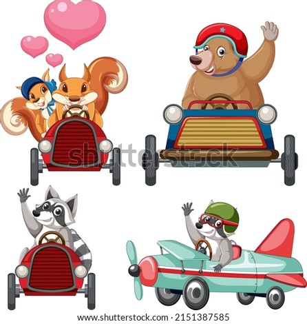 Many animals riding car and plane illustration