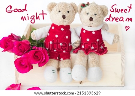 good night sweet dream message card handwriting with couple teddy bears, red rose flowers arrangement postcard style on background white 