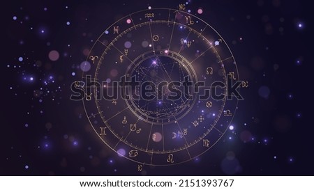 Golden scheme of the natal chart on the background of the starry sky Royalty-Free Stock Photo #2151393767