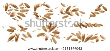 A set of photos. Oat grains levitate on a white background Royalty-Free Stock Photo #2151399043
