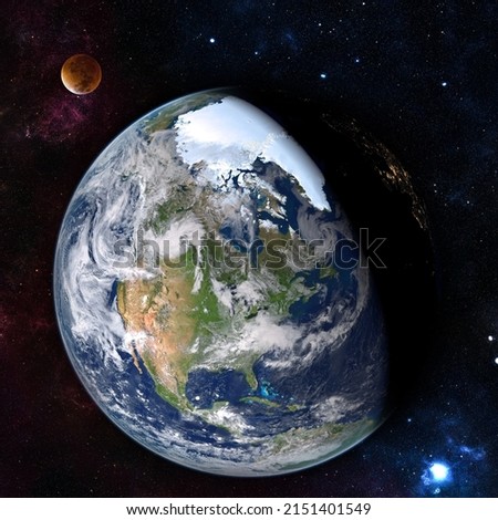 Planet Earth on dramatic background. Red Moon. Elements of this image furnished by NASA