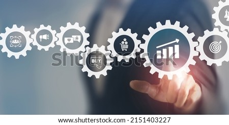 Growth of sales, marketing strategies concept. Data analytics for achieving business growth target. Increase sales in online store, e-commerce. Touching on sales growth icon. Postive progress. Royalty-Free Stock Photo #2151403227