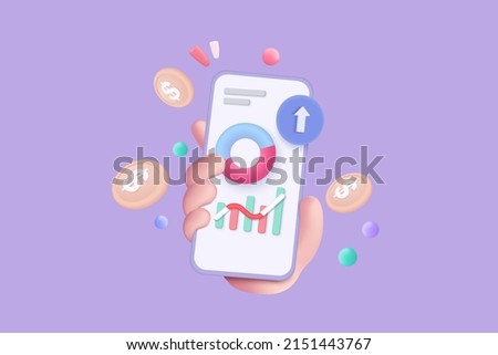 3D trade fund vector in hand holding mobile. Hand using funding business graph on application under creative solution concept in 3D icon vector. 3d trading icon for business investment Royalty-Free Stock Photo #2151443767