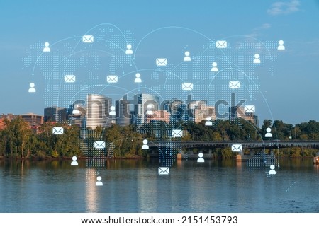 Panoramic view, Washington towards Arlington financial downtown, city skyline over Potomac River. Virginia, USA. Social media hologram. Concept of networking and establishing new people connections