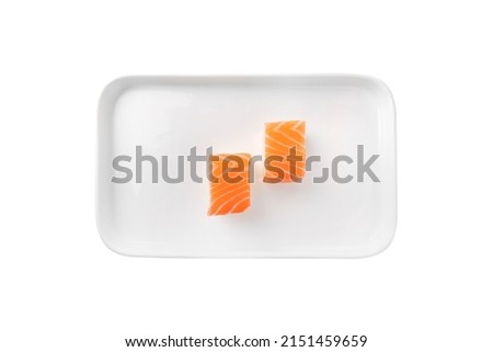 sushi, salmon sushi, two pieces sushi in white plate, on white background