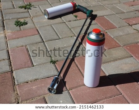 Gas weed burner. Tool for organically removing weeds, for igniting charcoal, thawing. Environmentally friendly weed killer. Pavement care Royalty-Free Stock Photo #2151462133