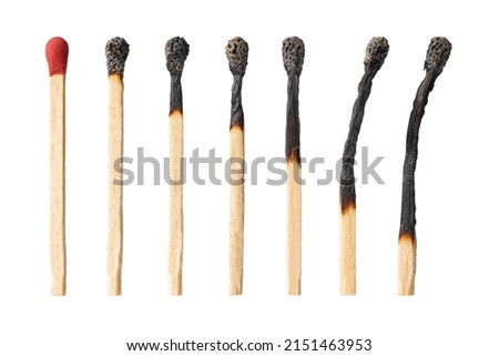 Burnt matches isolated on white. Box of matches. Different stages of match burning Burnt matches. Full depth of field. Royalty-Free Stock Photo #2151463953