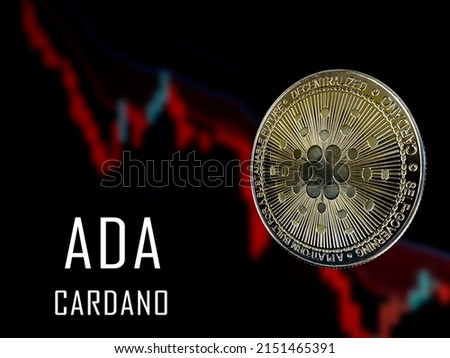 Cardano - ADA coin on isolated black background. Concept coin. ADA coin with a crypto currency trading chart.