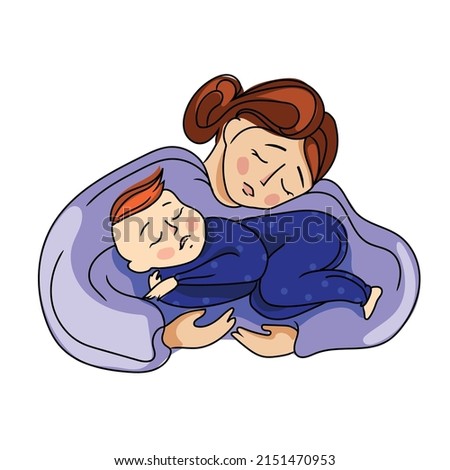 Mother and baby vector cartoon illustration.Happy mom hugging her sleeping baby image isolated on white background.Child care,happy motherhood.Mother's day concept