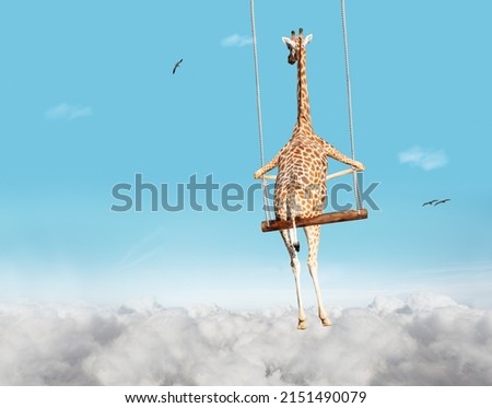 Illustration image of giraffe swinging on swing bar over blue sky with clouds foam Royalty-Free Stock Photo #2151490079