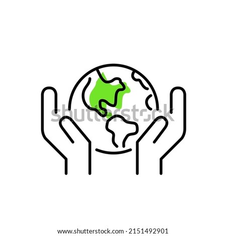 Hands holding Earth. Planet protection green environment conservation initiative symbol. Pixel perfect, editable stroke line art icon