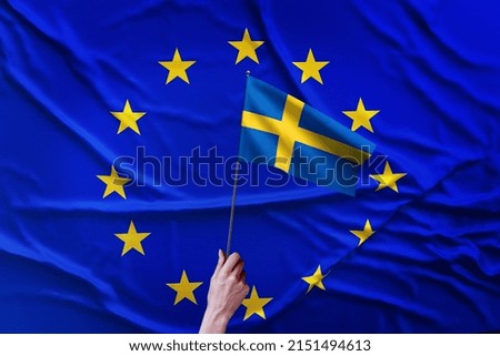 A closeup shot of the European Union partnership flags background