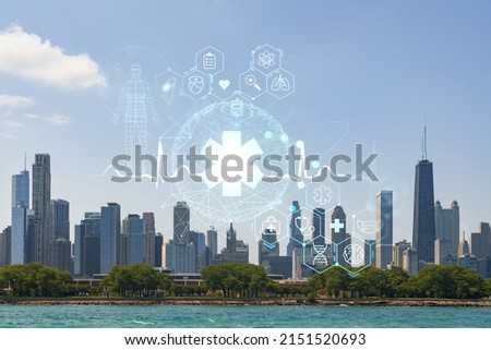 City view, downtown skyscrapers, Chicago skyline panorama, Lake Michigan, harbor area, day time, Illinois, USA. Health care digital medicine hologram. The concept of treatment and disease prevention