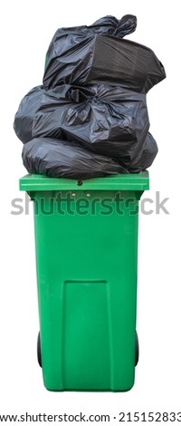 A Green Wheelie Bin, Overflowing With Bin Bags (Trash), Isolated On A White Background Royalty-Free Stock Photo #2151528333