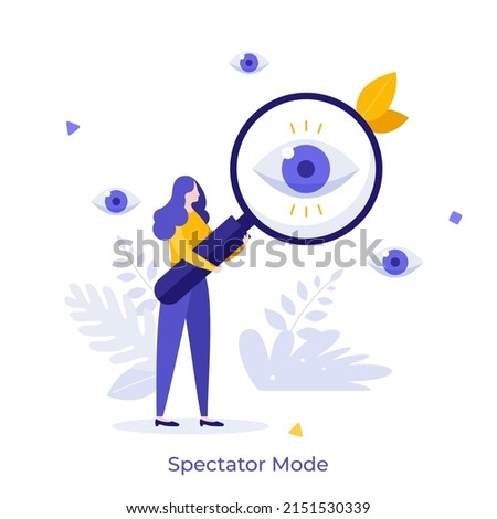 Woman looking at eye through magnifying glass. Concept of spectator or observer mode, privacy option, setting to disguise internet presence. Modern flat vector illustration for banner, poster. Royalty-Free Stock Photo #2151530339