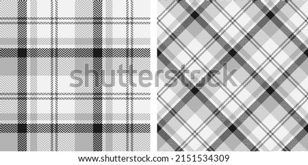 Black and white seamless plaid pattern background set. Classic texture herringbone. Straight and oblique scottish cage. Vector graphics printing on fabrics, shirts; textiles and tablecloth.