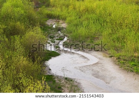 The drying up source and the riverbed became shallow and overgrown with bushes due to climate change. The problem of lack of drinking water Royalty-Free Stock Photo #2151543403