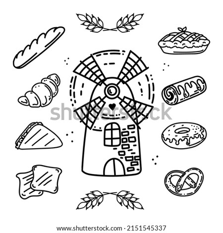 Set of baked goods, hand-drawn elements in doodle style. Mill for grinding grain. Flour products: bread, bagel, croissants and sandwich. Spike of wheat. Simple linear vector style for logos, icons.