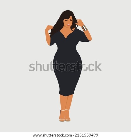 Beautiful brunette curvy girl wearing in black dress and high hells shoes. Attractive woman standing. Plus size fashion model.