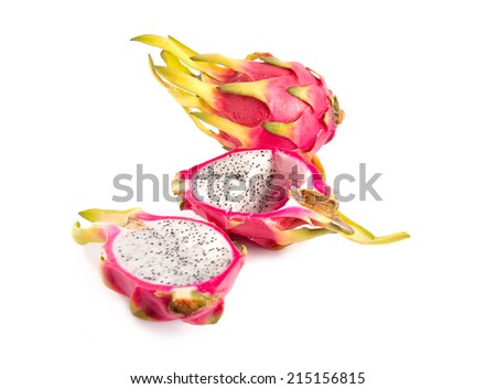 Set of three dragon fruits, whole and cut in half, isolated on white background   