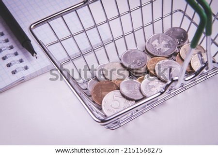 Money and notepad for shopping. Shopping list. Food basket. Money for food purchases.