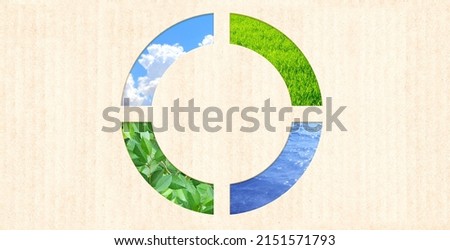 Nature resource and cardboard texture. Horizontal banner with eco paper texture and grass, sky, water. Ecology and zero waste concept. Global ecological resource. Copy space for text. Mock up template Royalty-Free Stock Photo #2151571793