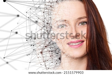 Half face of young woman disappearing in virtual space.