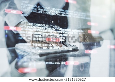 Multi exposure of abstract graphic coding sketch with man hand writing in diary on background, big data and networking concept