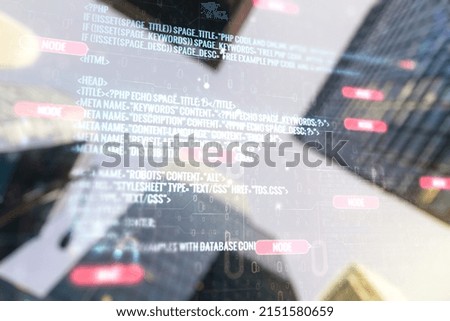 Multi exposure of abstract programming language hologram on blurry cityscape background, artificial intelligence and machine learning concept