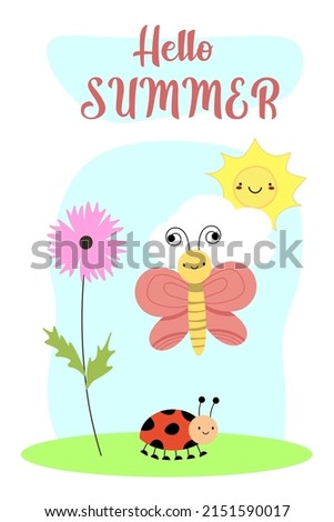 Summer vector illustration template. Summer meadow nature background with butterfly, ladybug. plant, chamomile flowers, green field grass. Greeting card EPS