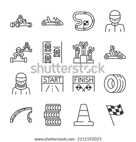 Karting icons set. Kart racing, linear icon collection. Road racing on go-karts, shifter karts. Attributes. Line with editable stroke Royalty-Free Stock Photo #2151592023