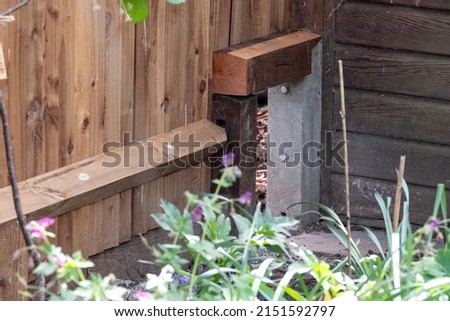 A wildlife highway in an urban garden in London UK. The gap in the wooden fence is large enough to let wildlife, including hedgehogs and badgers, roam freely from garden to garden.  Royalty-Free Stock Photo #2151592797