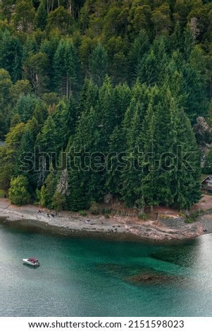A vertical shot of a scenic aerial view of the dense forest with the river in the foreground