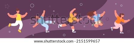 Falling happy cartoon children characters. Cute kids, boys and girls flying. Floating and free action in air, zero gravity experience vector people Royalty-Free Stock Photo #2151599657
